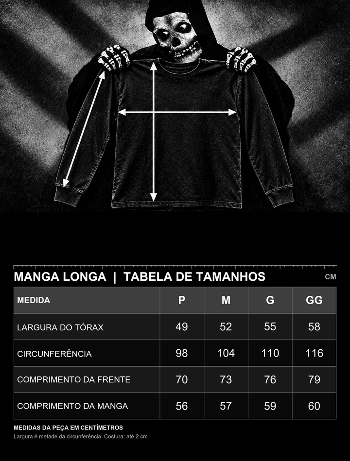 Tabela de medidas da longsleeve SK8 Monster, P a GG