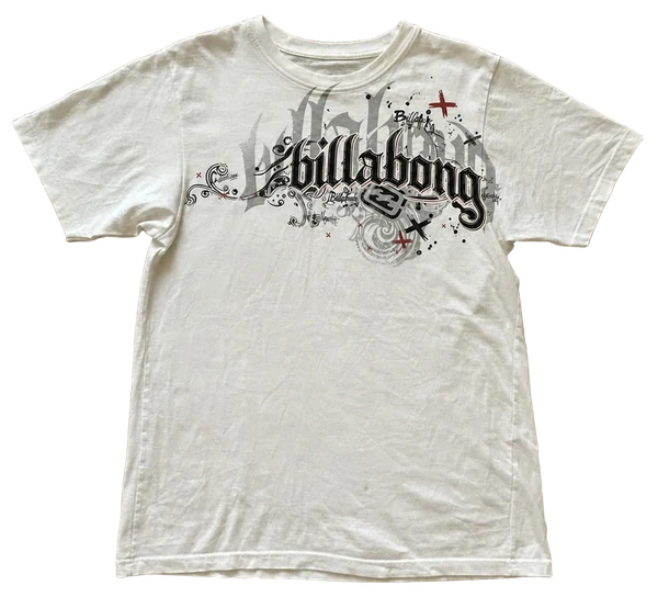 Camiseta branca BILLABONG SCRIPT esticada, estampa completa