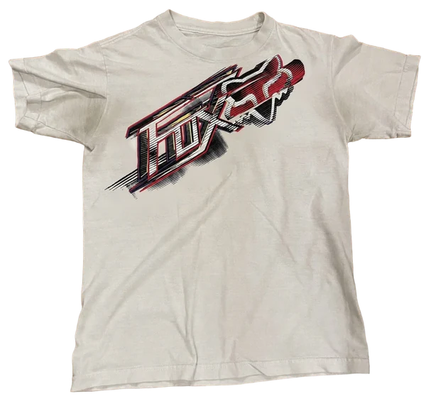 Camiseta branca FOX RACING esticada, estampa completa